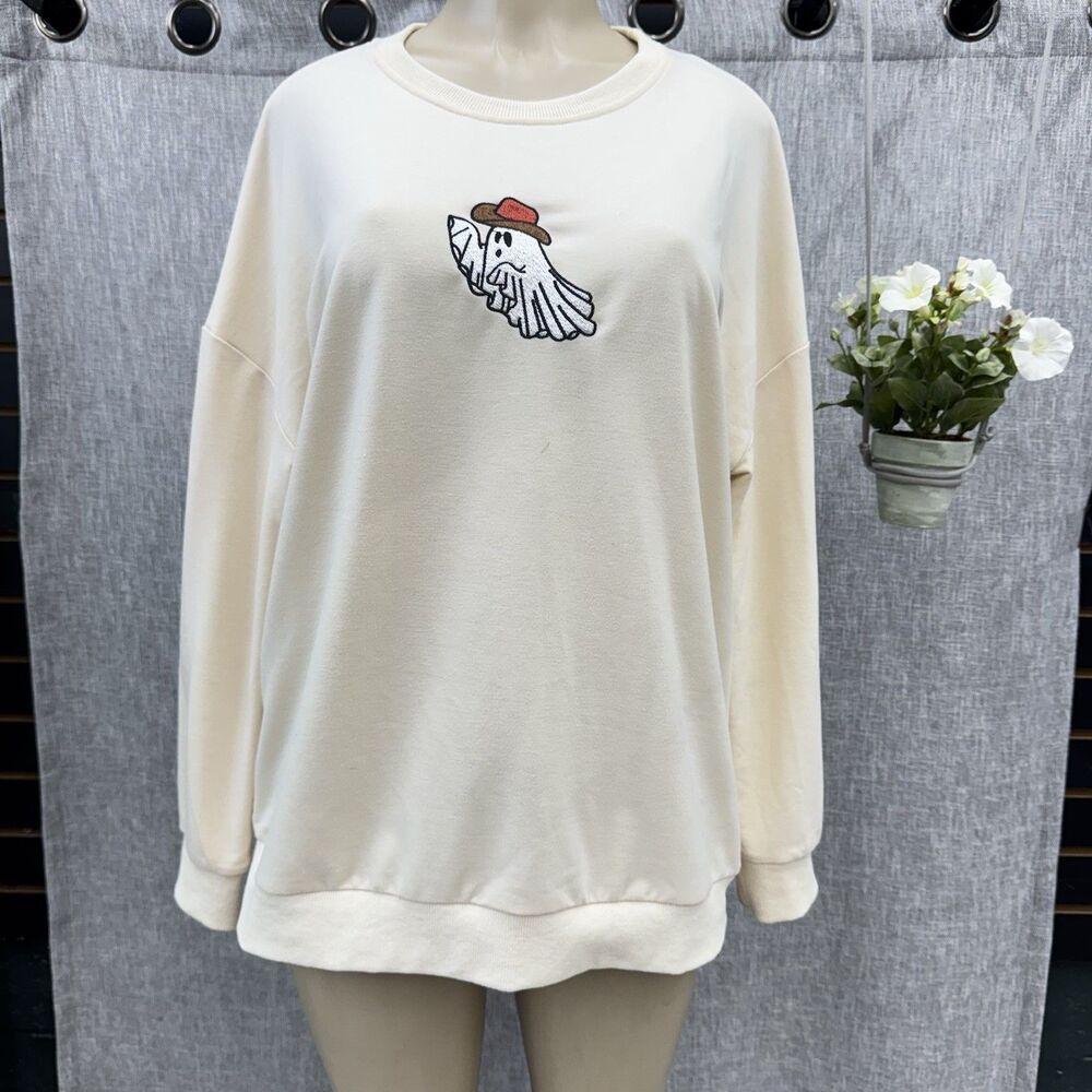 Embroidered Cowboy Ghost Sweatshirt Cream XL Boho Spooky Cute Oversized Pullover